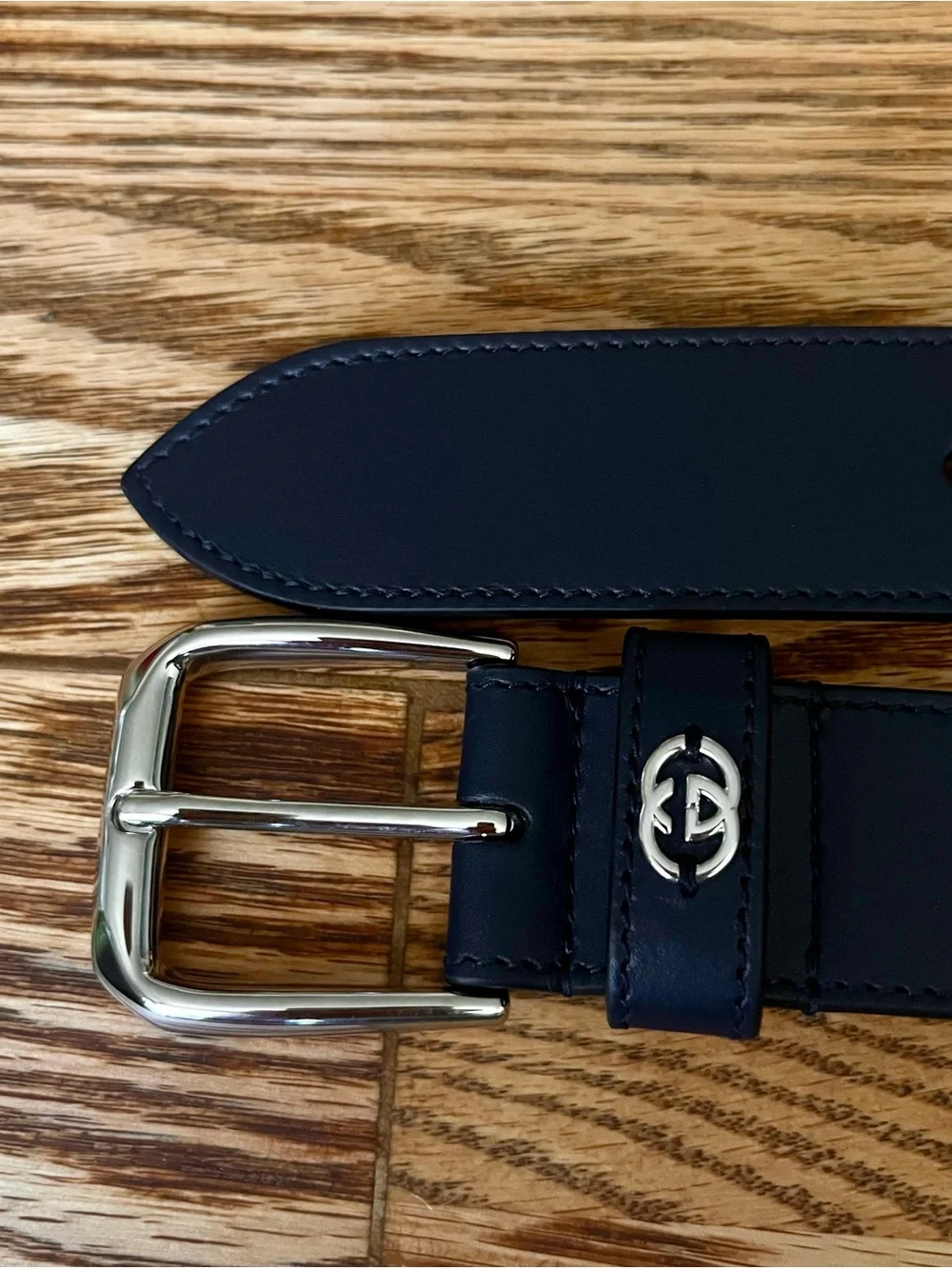 💯 GUCCI Men's Navy Leather Belt with silver  Double-G Logo Accent